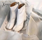 Xajzpa - Tabi Split-Toe Women Boots Cream-Colored Leather Buckle Chunky Block Heels Booties Botas