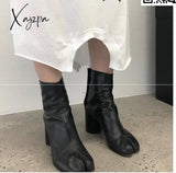 Xajzpa - Tabi Split-Toe Women Boots Cream-Colored Leather Buckle Chunky Block Heels Booties Botas