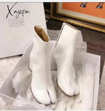 Xajzpa - Tabi Split-Toe Women Boots Cream-Colored Leather Buckle Chunky Block Heels Booties Botas