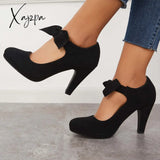 Xajzpa - Thick Heel Mary Jane Pumps Bowknot Round Toe Ankle Strap Heels Black / 5