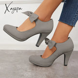 Xajzpa - Thick Heel Mary Jane Pumps Bowknot Round Toe Ankle Strap Heels Gray / 5