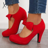 Xajzpa - Thick Heel Mary Jane Pumps Bowknot Round Toe Ankle Strap Heels Red / 5