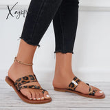 Xajzpa - Toe Ring Leopard Wide Slide Sandals Flat Beach Slippers