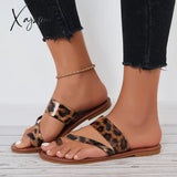 Xajzpa - Toe Ring Leopard Wide Slide Sandals Flat Beach Slippers