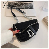 Xajzpa - Trend Women’s Bags Fashion Thick Chain Bright Diamond Saddle Bag Female Carrying Armpit