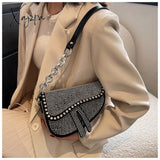 Xajzpa - Trend Women’s Bags Fashion Thick Chain Bright Diamond Saddle Bag Female Carrying Armpit