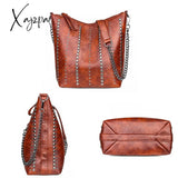 Xajzpa Vintage Bag Women Shoulder Bags Punk Rivet Bucket Handbag Lady Casual Pu Leather Crossbody