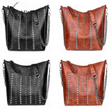 Xajzpa Vintage Bag Women Shoulder Bags Punk Rivet Bucket Handbag Lady Casual Pu Leather Crossbody
