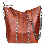 Xajzpa Vintage Bag Women Shoulder Bags Punk Rivet Bucket Handbag Lady Casual Pu Leather Crossbody