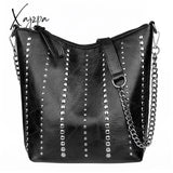 Xajzpa Vintage Bag Women Shoulder Bags Punk Rivet Bucket Handbag Lady Casual Pu Leather Crossbody