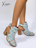 Xajzpa - Vintage Floral Embroidery Round Toe Ankle Bootie