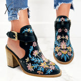 Xajzpa - Vintage Floral Embroidery Round Toe Ankle Bootie Black / 36