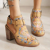 Xajzpa - Vintage Floral Embroidery Round Toe Ankle Bootie Brown / 36