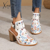 Xajzpa - Vintage Floral Embroidery Round Toe Ankle Bootie White / 36