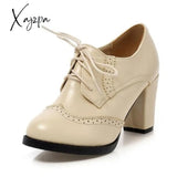 Xajzpa - Vintage Lace Up Women Pumps Cut Out Oxford Shoes Chunky Heel Patent Leather High Heels