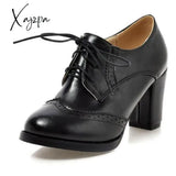 Xajzpa - Vintage Lace Up Women Pumps Cut Out Oxford Shoes Chunky Heel Patent Leather High Heels