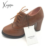 Xajzpa - Vintage Lace Up Women Pumps Cut Out Oxford Shoes Chunky Heel Patent Leather High Heels