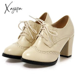 Xajzpa - Vintage Lace Up Women Pumps Cut Out Oxford Shoes Chunky Heel Patent Leather High Heels