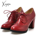 Xajzpa - Vintage Lace Up Women Pumps Cut Out Oxford Shoes Chunky Heel Patent Leather High Heels