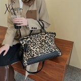 Xajzpa - Vintage Leopard Print Tote Bag Large Capacity Shoulder Zipper Portable Crossbody Black / M