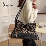 Xajzpa - Vintage Leopard Print Tote Bag Large Capacity Shoulder Zipper Portable Crossbody Brown / M