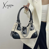 Xajzpa - Vintage Sweet Cool Girls Canvas Underarm Bag Patent Leather Women’s Metal Chain Shoulder