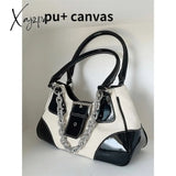 Xajzpa - Vintage Sweet Cool Girls Canvas Underarm Bag Patent Leather Women’s Metal Chain Shoulder