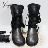 Xajzpa - Waterproof High Boots Lace Up Woman Winter Snow Women’s Shoes Thick Plush Genuine Leather