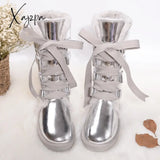 Xajzpa - Waterproof High Boots Lace Up Woman Winter Snow Women’s Shoes Thick Plush Genuine Leather