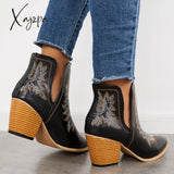 Xajzpa - Western Ankle Cowgirl Boots Slip On Cutout Chunky Heel Booties