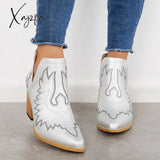 Xajzpa - Western Ankle Cowgirl Boots Slip On Cutout Chunky Heel Booties