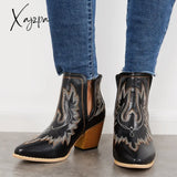 Xajzpa - Western Ankle Cowgirl Boots Slip On Cutout Chunky Heel Booties