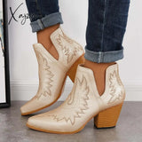 Xajzpa - Western Ankle Cowgirl Boots Slip On Cutout Chunky Heel Booties