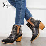 Xajzpa - Western Ankle Cowgirl Boots Slip On Cutout Chunky Heel Booties