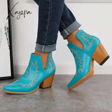 Xajzpa - Western Ankle Cowgirl Boots Slip On Cutout Chunky Heel Booties