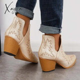 Xajzpa - Western Ankle Cowgirl Boots Slip On Cutout Chunky Heel Booties