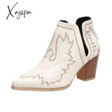 Xajzpa - Western Ankle Cowgirl Boots Slip On Cutout Chunky Heel Booties White / 5