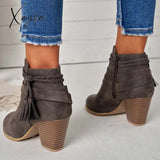 Xajzpa - Western Tassel Chunky Block Heel Ankle Boots Side Zipper Booties