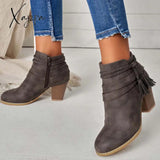 Xajzpa - Western Tassel Chunky Block Heel Ankle Boots Side Zipper Booties