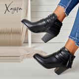 Xajzpa - Western Tassel Chunky Block Heel Ankle Boots Side Zipper Booties