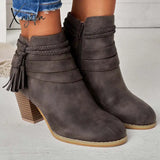 Xajzpa - Western Tassel Chunky Block Heel Ankle Boots Side Zipper Booties