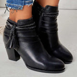 Xajzpa - Western Tassel Chunky Block Heel Ankle Boots Side Zipper Booties