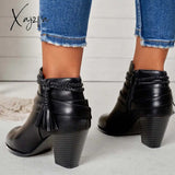 Xajzpa - Western Tassel Chunky Block Heel Ankle Boots Side Zipper Booties