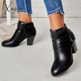 Xajzpa - Western Tassel Chunky Block Heel Ankle Boots Side Zipper Booties