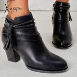 Xajzpa - Western Tassel Chunky Block Heel Ankle Boots Side Zipper Booties
