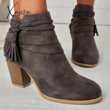 Xajzpa - Western Tassel Chunky Block Heel Ankle Boots Side Zipper Booties Gray / 6