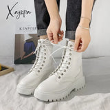 Xajzpa White Black Pu Leather Ankle Boots Women Autumn Winter Round Toe Lace Up Shoes Woman Fashion