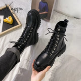 Xajzpa White Black Pu Leather Ankle Boots Women Autumn Winter Round Toe Lace Up Shoes Woman Fashion