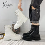 Xajzpa White Black Pu Leather Ankle Boots Women Autumn Winter Round Toe Lace Up Shoes Woman Fashion