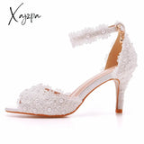 Xajzpa - White Lace Pearl Wedding Shoes Women Open Toe High Heels Luxury Sandals Banquet Dress